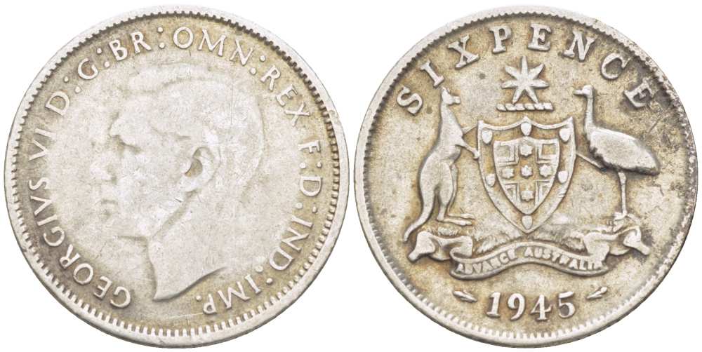 АВСТРАЛИЯ 6 ПЕНСОВ 1945 m, ГЕОРГ VI (1937-1952), ГЕРБ АВСТРАЛИИ, ПРОБА 925, ДИАМЕТР 19,4 ММ. KM 38 серебро 4516-119