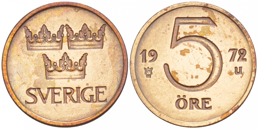 Швеция 5 эре 1972 U, Густав VI Адольф (1950-1973) первый год KM 845 бронза 4547-1053
