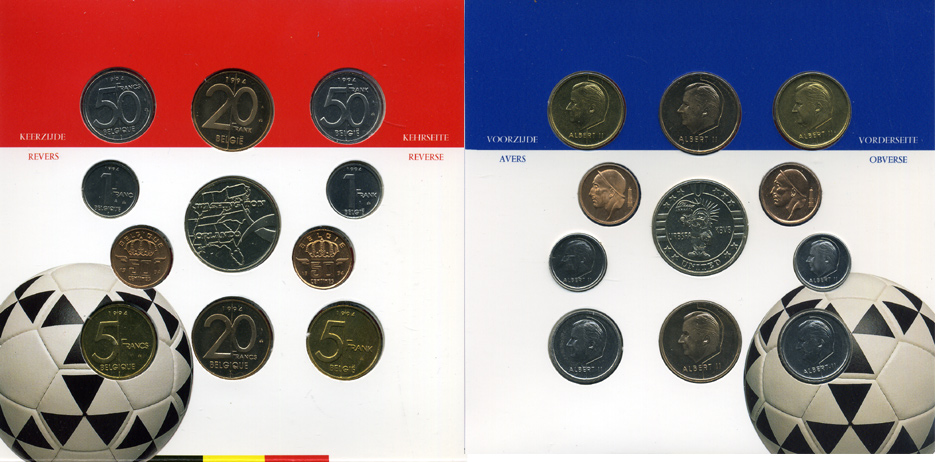 Бельгия набор из 10 монет + жетон монетного двора 1994 Belgie-Belgique, Чемпионат мира по футболу в США 1994 года, с подписями сборной Бельгии и фотографиями игроков, в оригинальном буклете, в запайке  KM MS 6   BUNC  6-5-3-46