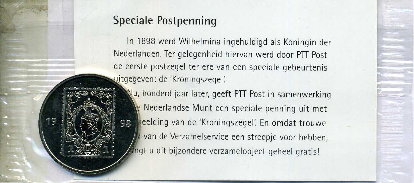 Нидерланды медаль "100 лет коронации королевы Вильгельмины в 1898" 1998 Королева Вильгельмина была коронована в 1898 году как королева Нидерландов. По этому случаю почта PTT выпустила первую марку в честь этого особого события (коронационная марка). Сто л