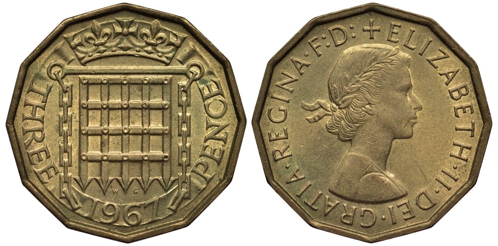 Великобритания 3 пенса 1967 Елизавета II (1952-2022) KM 900, Spink 4153 никель латунь 4538-1146