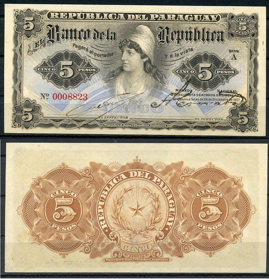 Парагвай 5 песо 1907 свобода, Viveros и Angel Crovatto Pick 156 a (1)  бумага  UNC (пресс) 451-723-2