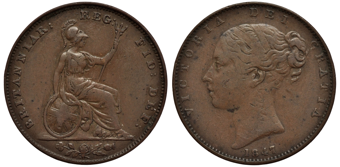 Великобритания 1 фартинг 1847 Виктория (1837-1901) KM 725, Spink 3950 медь 106-831