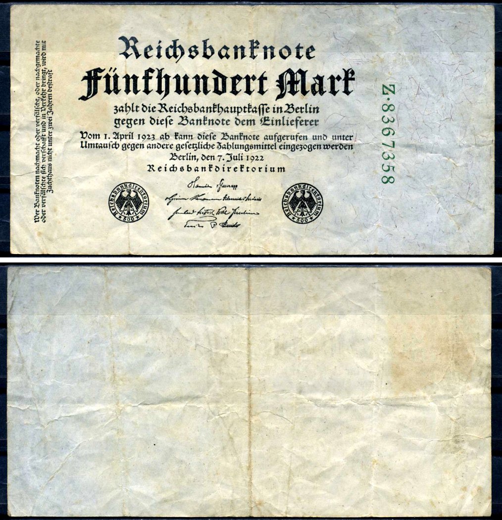 Германия 500 марок 1922 10 июляя 1922, серия -, зеленый выпуск, номер семизначный Pick 76 b бумага 8592-32-2-2