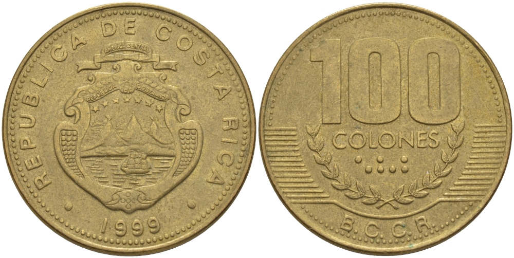 КОСТА-РИКА 100 КОЛОН 1999 со KM 230а.1 латунь 82-244