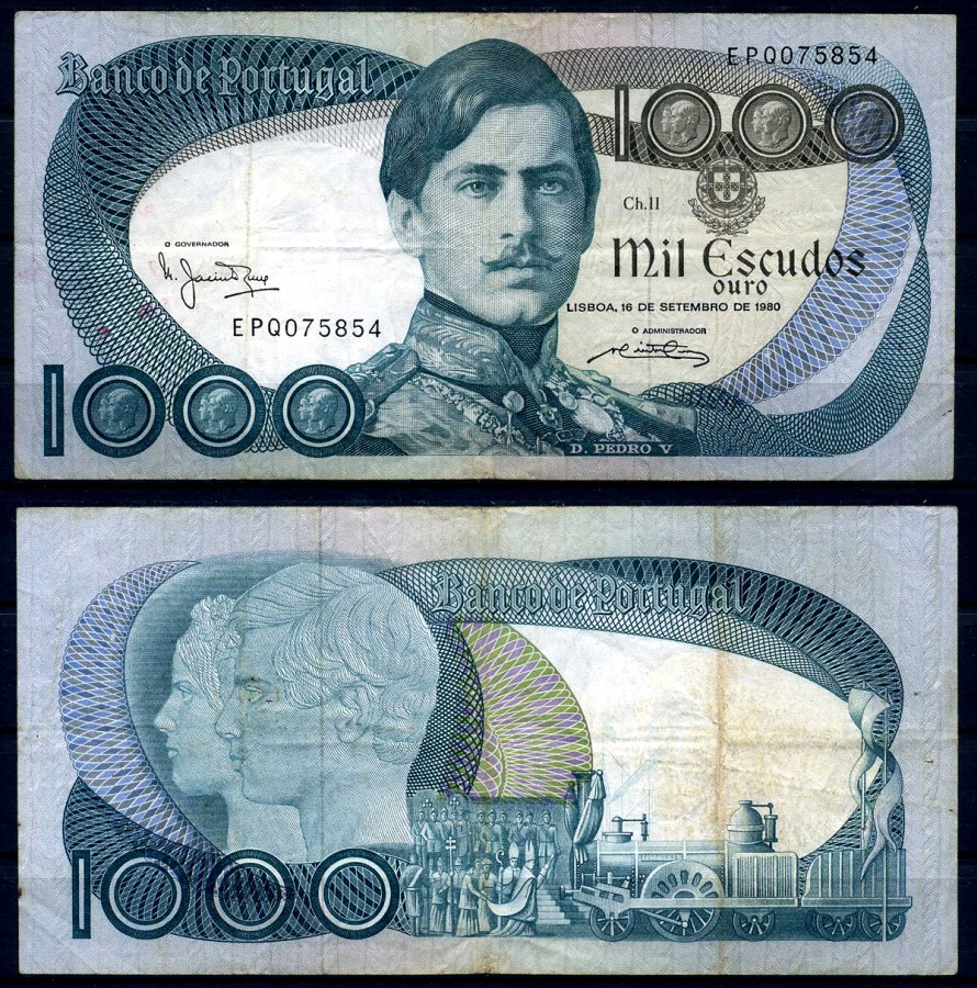Португалия 1000 эскудо 1980 Педру V с королевой Стефанией, паровоз, Manuel Jacinto Nunes, Abel Antonio Pinto dos Reis Pick 175 b(7) бумага 2198-42-2-2