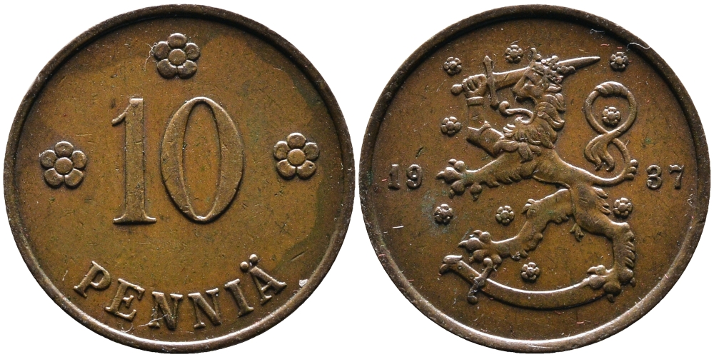 Финляндия 10 пенни 1937 республика (1918-1962) KM 24 медь 4388-845
