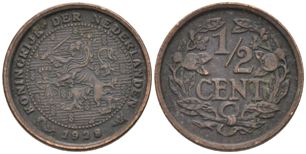 Нидерланды 1/2 цента 1928 Вильгельмина (1890-1948) KM 138 бронза 4576-466