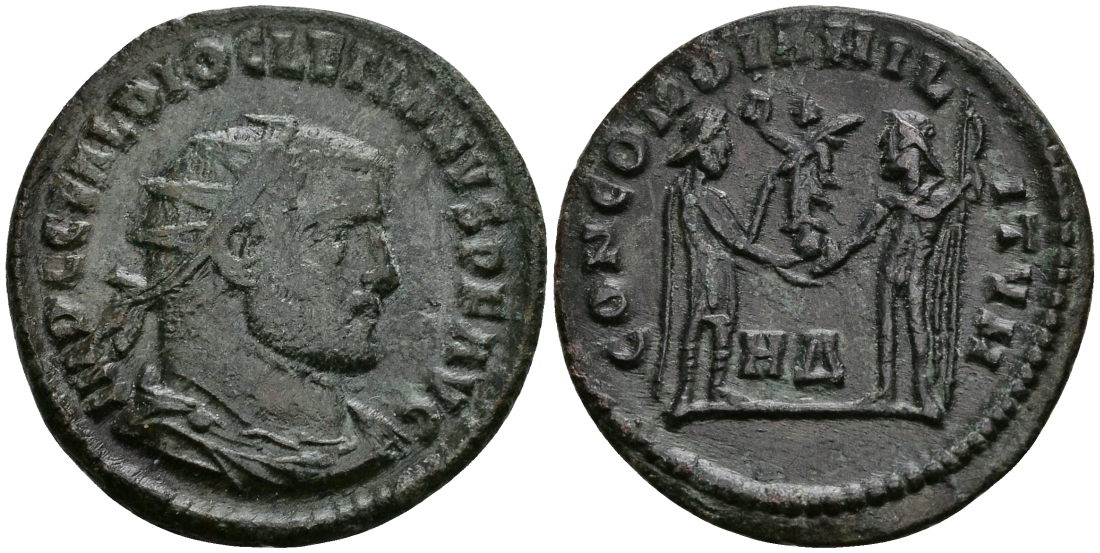 Римская Империя двойной денарий 295 - 296 Диоклетиан CONCORDIA MILITVM Гераклея Good Very fine RIC 13 бронза 1073-3-7-3