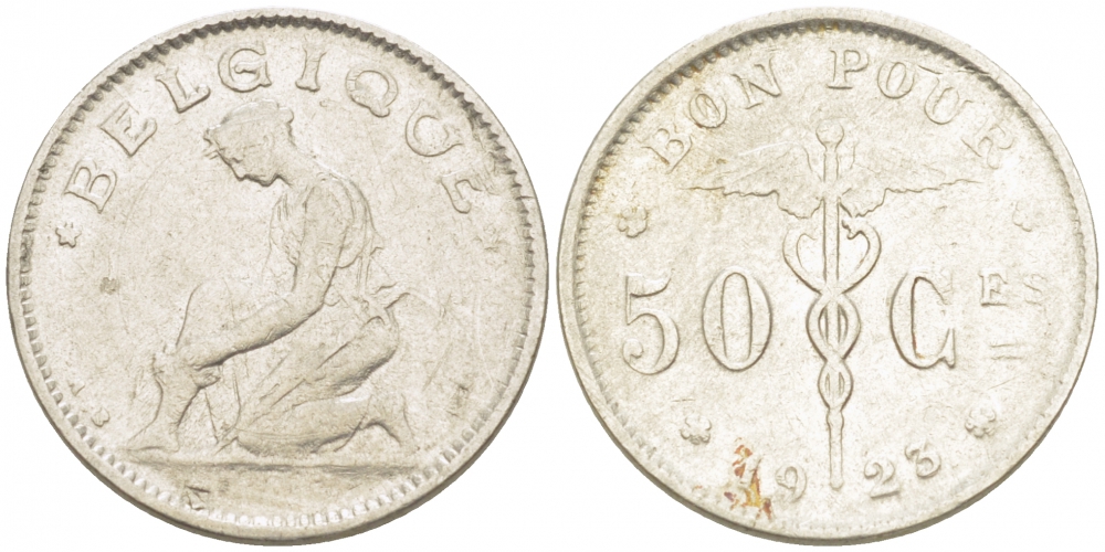 БЕЛЬГИЯ 50 САНТИМОВ 1923 BELGIQUE KM 87 никель 3996-1145