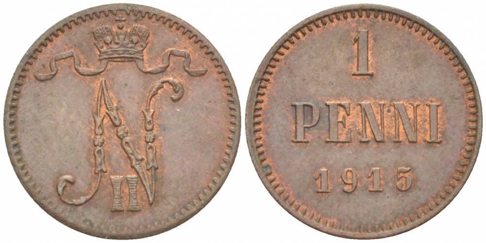 РОССИЯ ДЛЯ ФИНЛЯНДИИ 1 ПЕННИ 1915 НИКОЛАЙ II KM 13, Биткин 475 медь 4396-1458