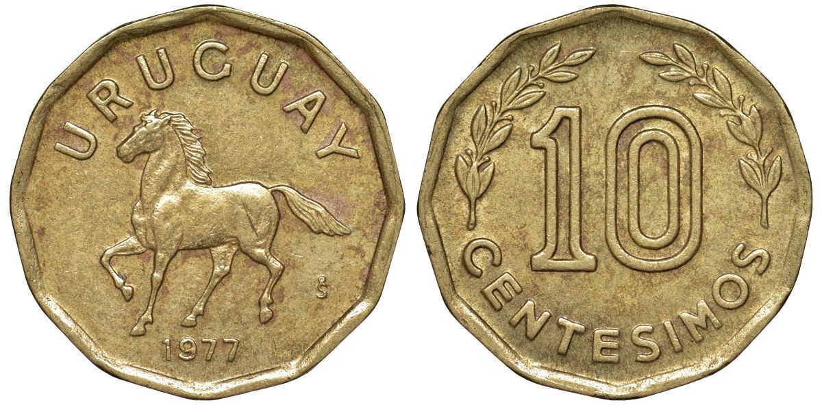 Уругвай 10 сентесимо 1977 KM 66 алюминиевая бронза 4164-758