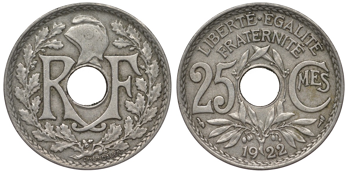 Франция 25 сантимов 1922 тип Lindauer KM 867а, Le Franc 171.6 медно-никель 4128-216