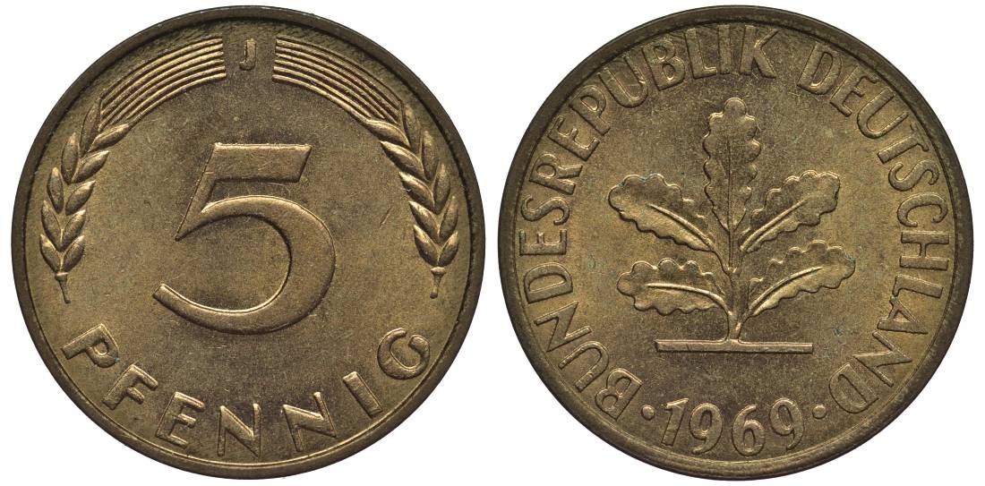 ФРГ 5 ПФЕННИГОВ 1969 J KM 107, Jager 382 сталь плакированная латунью 4547-741