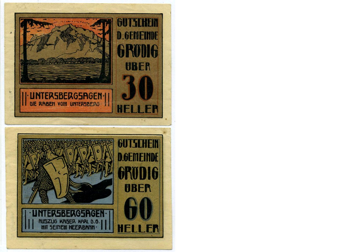 ГРЁДИГ, Австрия набор из 2 БАННОТ 1920 31 декабря 1920, нотгельд (30 И 60 геллеров), земля ЗАЛЬЦБУРГ бумага 2193-25-1-2