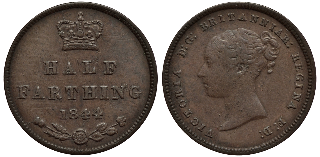 Великобритания 1/2 фартинга 1844 Виктория (1837-1901) KM 738, Spink 3951 медь 1523-1214