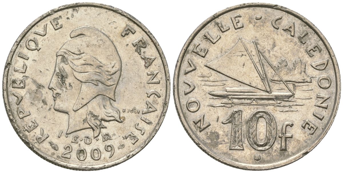 Французская Новая Каледония 10 франков 2009 рыбачья парусная лодка, (IEOM) KM 11a, Schoen 13a, Lec 99k медно-никель 61-147