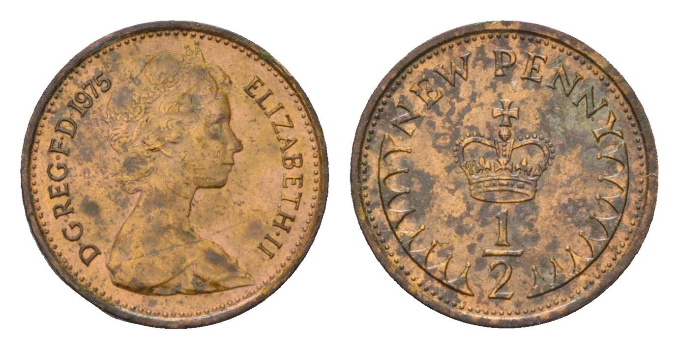 Великобритания 1/2 новый пенни 1975 Елизавета II (1952-2022) KM 914, Spink 4239 бронза 99-215