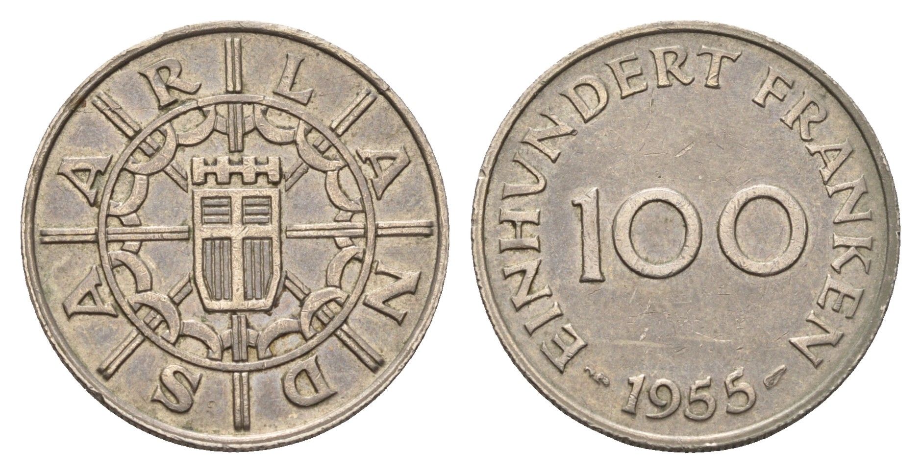 Саар 100 франков 1955 год-тип KM 4 медно-никель 77-435