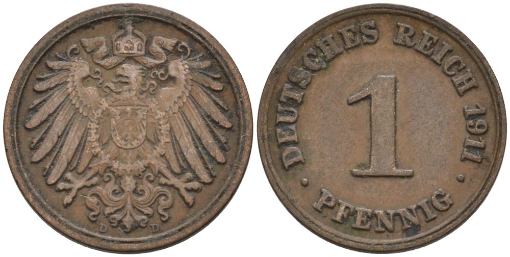 Германия 1 пфенниг 1911 D KM 10, J. 10 медь 4576-169