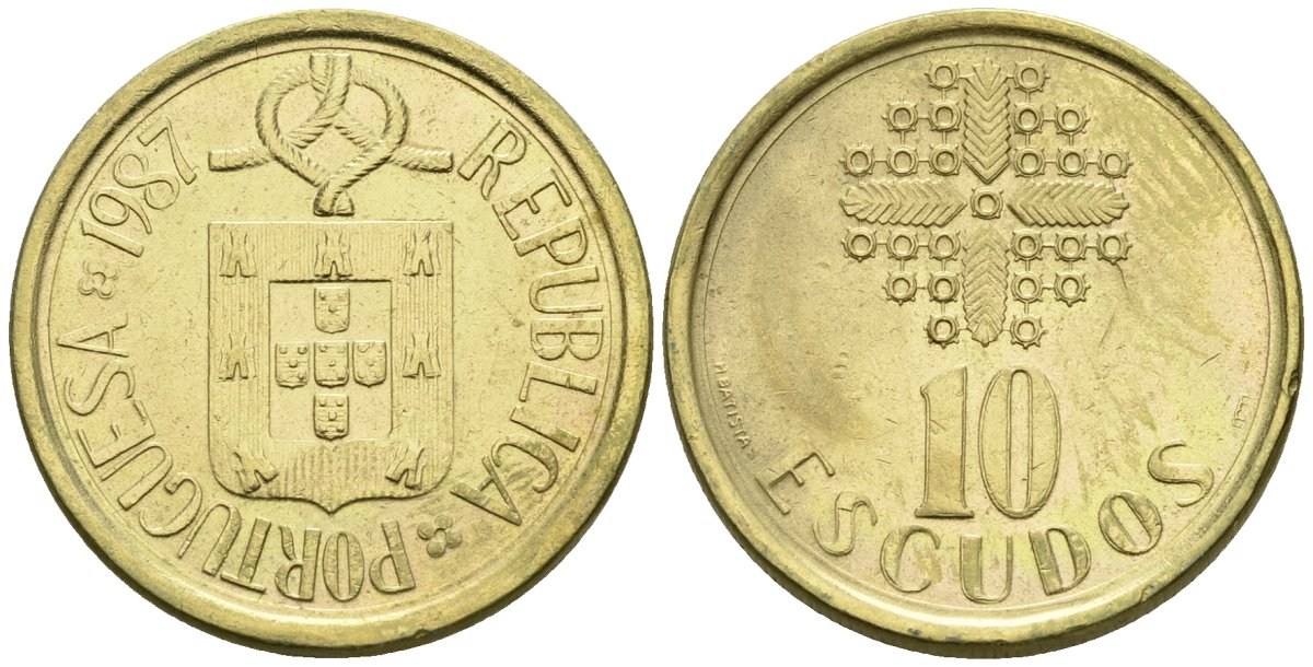 Португалия 10 эскудо 1987 KM 633 никель латунь 4148-513