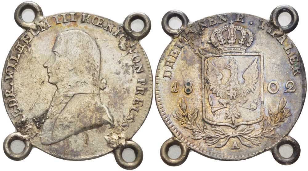 ПРУССИЯ 1/3 ТАЛЕРА 1802 А, ВИЛЬГЕЛЬМ III, КОРОЛЬ ПРУССИИ, С ПОДВЕСКИ, С УШКАМИ ДЛЯ НОШЕНИЯ KM 380 серебро 1524-1032