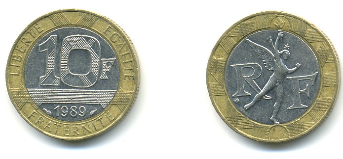 Франция 10 франков 1989 тип гений Бастилии KM 964.1, Le Franc 375.3 биметалл 176-1214