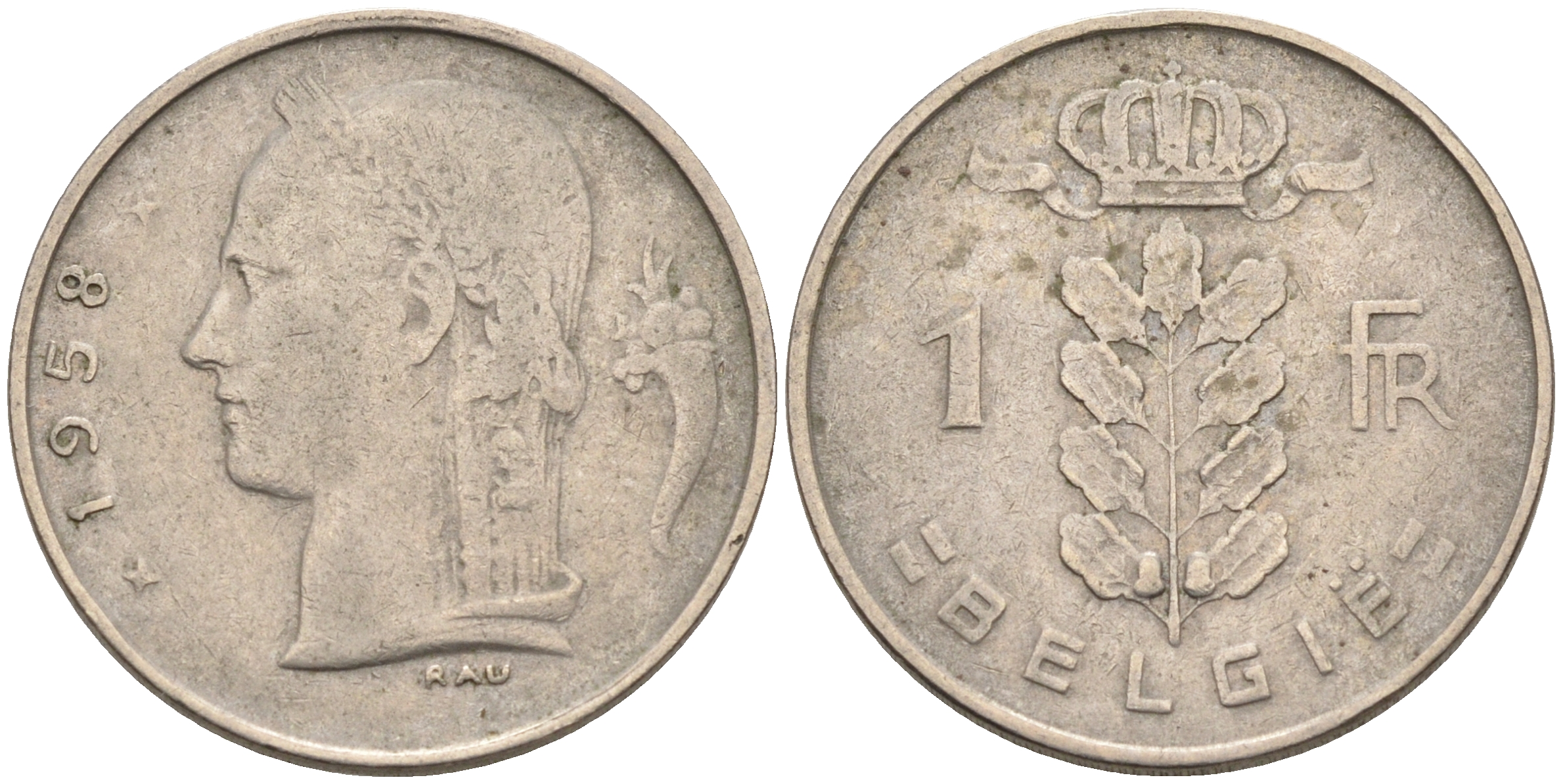 Бельгия 1 франк 1958 Belgie, Бодуэн I (1951-1993) KM 143.1 медно-никель 4563-1225