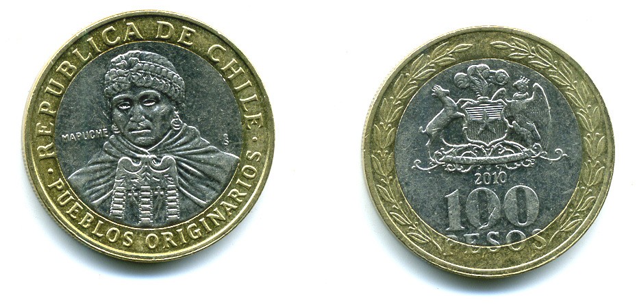 Чили 100 песо 2010 индейцы Мапуче KM 236 биметалл 29-1255