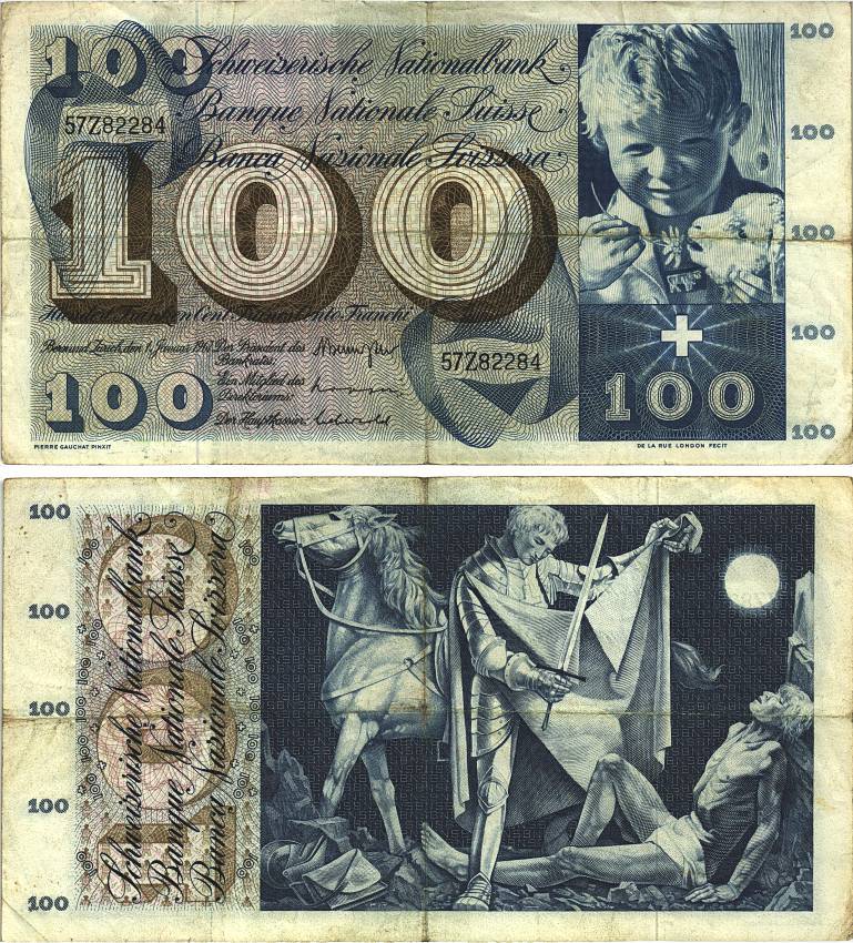 Швейцария 100 франков 1967 1 января 1967, серия 57 Z, подпись 42 Pick 49 i бумага 8606-26-1-1