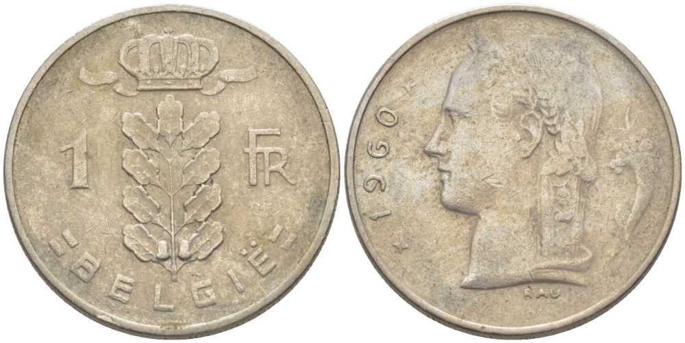 Бельгия 1 франк 1960 Belgie, Бодуэн I (1951-1993) KM 143.1 медно-никель 119-557