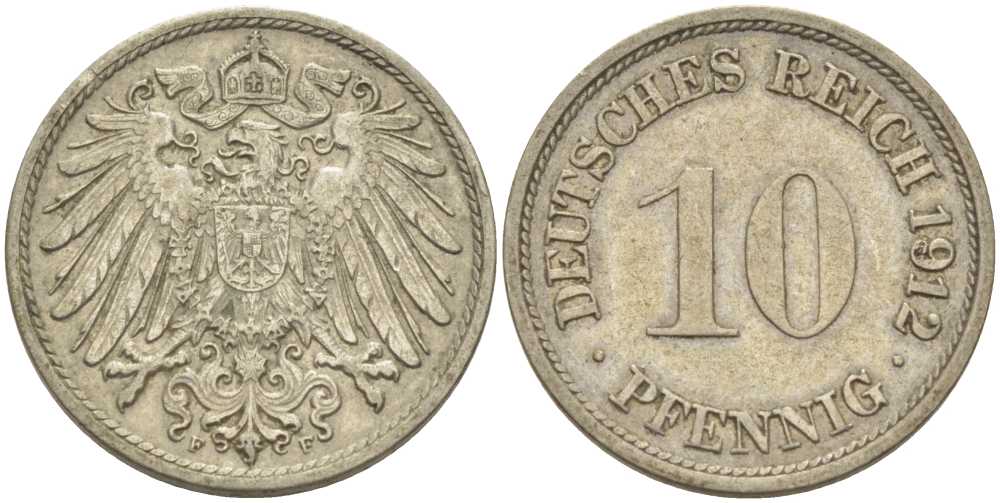 ГЕРМАНИЯ 10 ПФЕННИГОВ 1912 F KM 12, J. 13, Weege 8 медно-никель 212-223