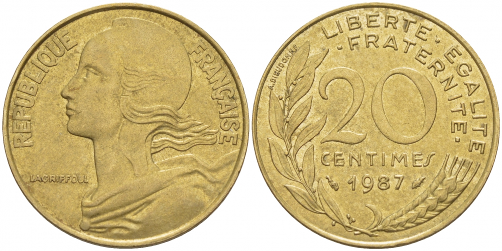 ФРАНЦИЯ 20 САНТИМОВ 1987 KM 930 медь алюминий никель 4402-1013