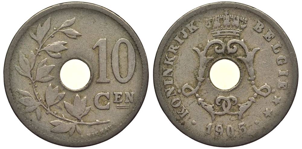 БЕЛЬГИЯ 10 САНТИМОВ 1905 BELGIE, ЛЕОПОЛЬД II (1865-1909) KM 53 медно-никель 27-856