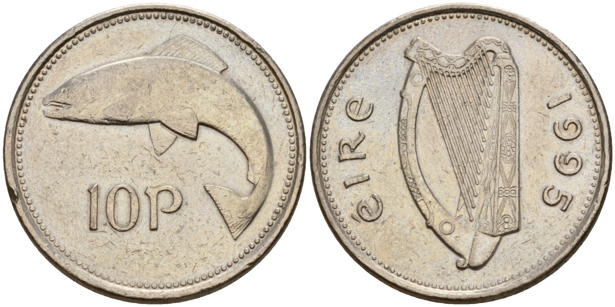 Ирландия 10 пенсов 1995 лосось KM 29 медно-никель 4141-316