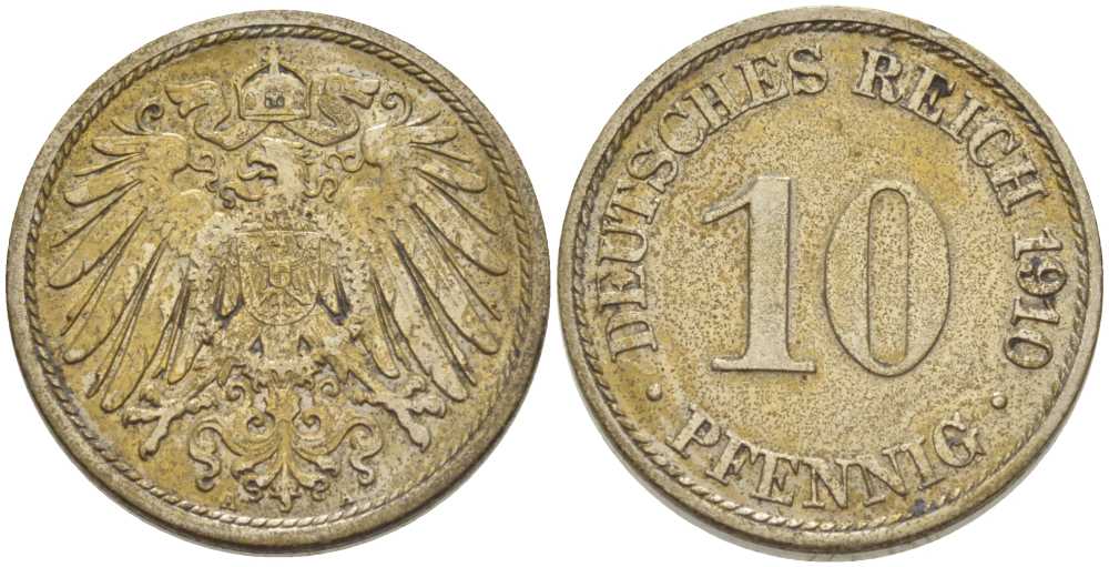 ГЕРМАНИЯ 10 ПФЕННИГОВ 1910 A KM 12, J. 13, Weege 8 медно-никель 212-131