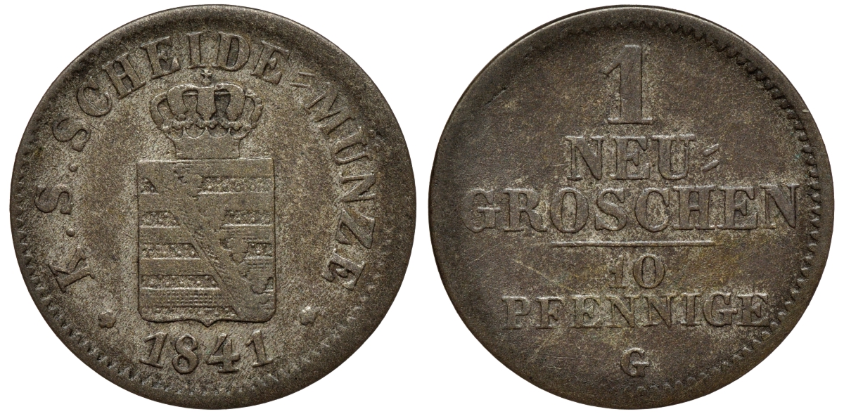 Саксония 1 новый грош - 10 пфеннигов 1841 Фридрих Август II (1797-1854) KM 1159, J. 82 серебро 75-123