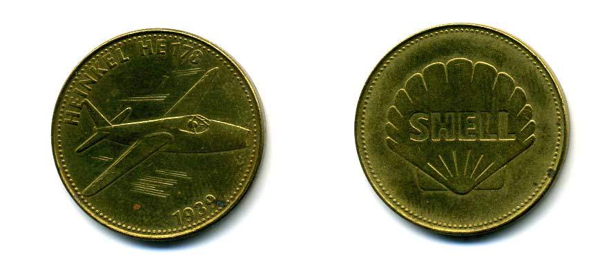 США ЖЕТОН ND SHELL, САМОЛЕТ ХЕЙНКЕЛЬ HE178, 26 мм, 5,0 гр латунь 179-847