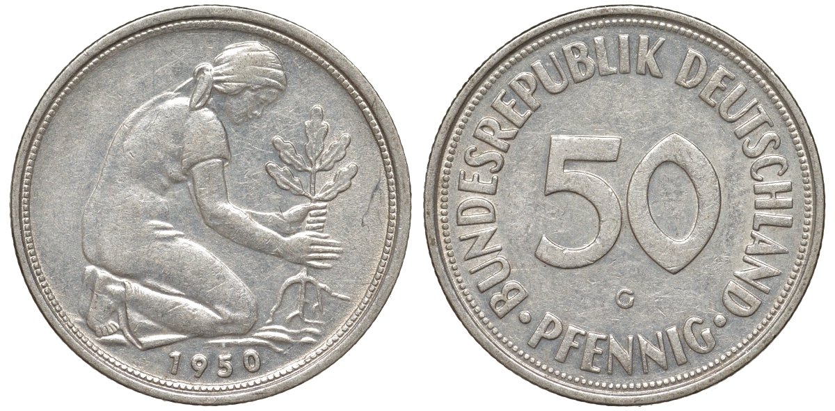 ФРГ 50 пфеннигов 1950 G KM 109, J. 384 медно-никель 4132-643