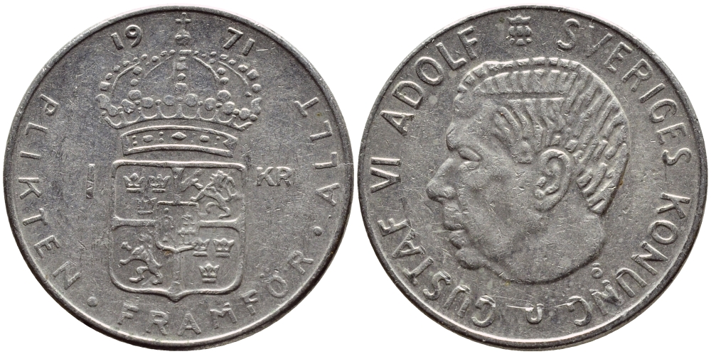 Швеция 1 крона 1971 Густав VI Адольф (1950-1973) KM 826a медь плакированная медно-никелем 4388-1232