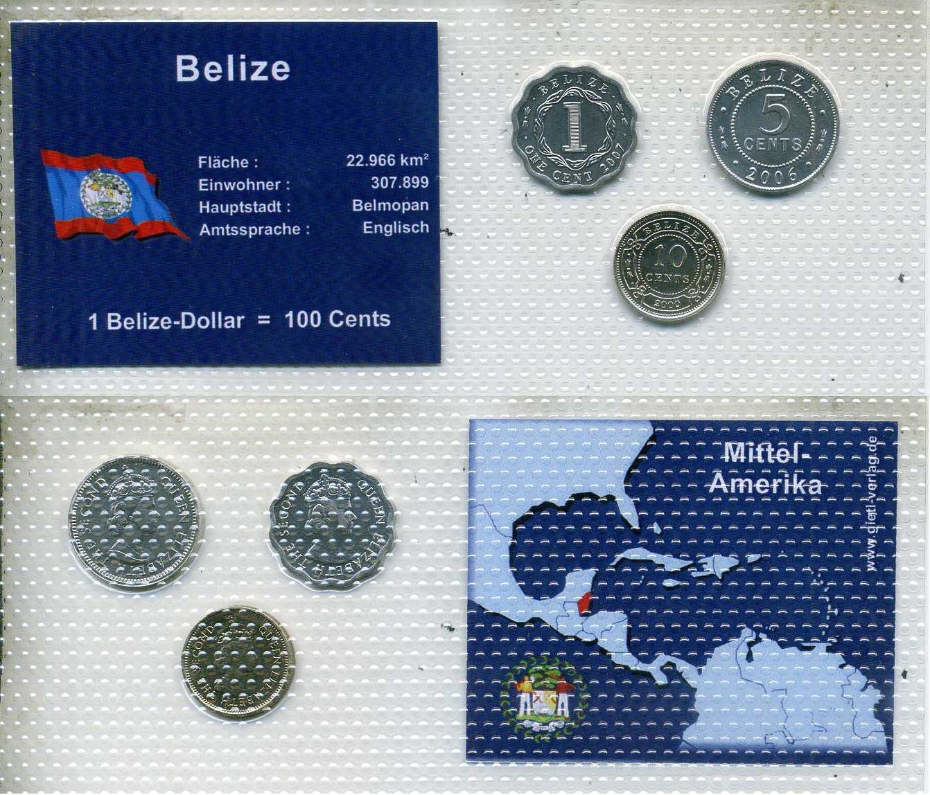 Белиз набор из 3 монет (1, 5 и 10 центов) 2000, 2006 и 2007 в красочном блистер, в запайке KM 33a, 34a и 35 UNC 4-3-2-59