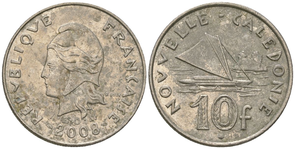 Французская Новая Каледония 10 франков 2008 рыбачья парусная лодка, (IEOM) KM 11a, Schoen 13a, Lec 99k медно-никель 60-245