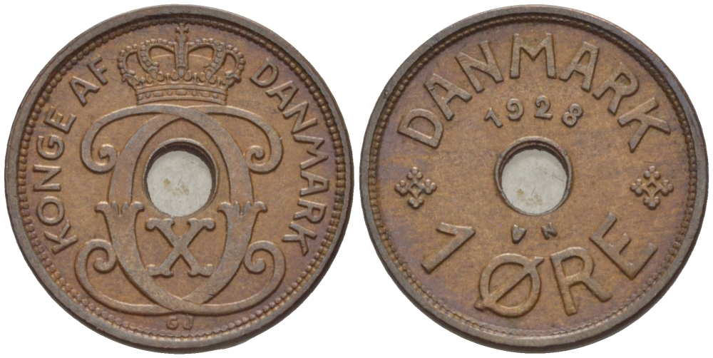 ДАНИЯ 1 ЭРЕ 1928 N; GJ, КРИСТИАН X KM 826.2 бронза 100-247