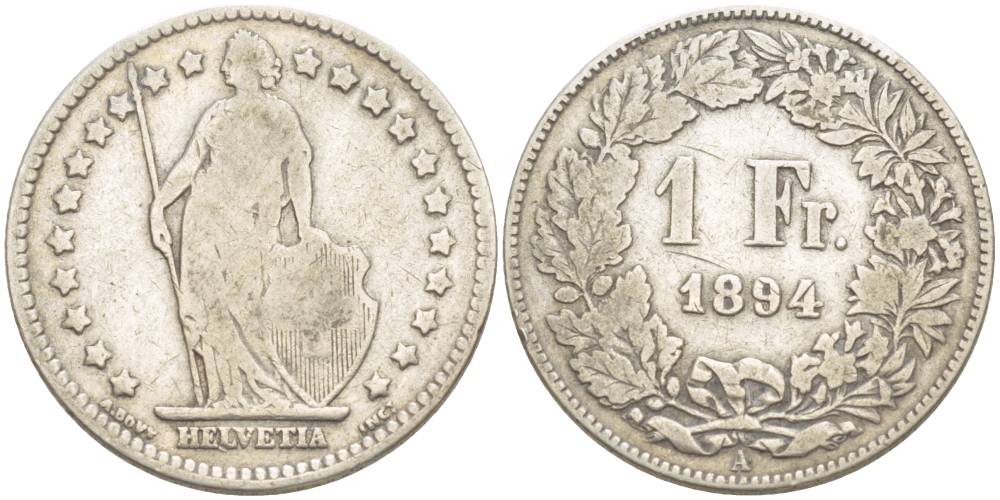 Швейцария 1 франк 1894 В KM 24 серебро 4544-352