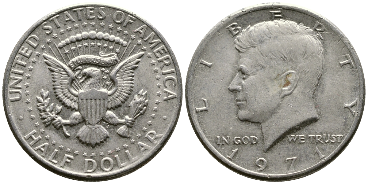 США 1/2 доллара (50 центов) 1971 Джон Кеннеди KM 202b медь плакированная медно-никелем 221-421