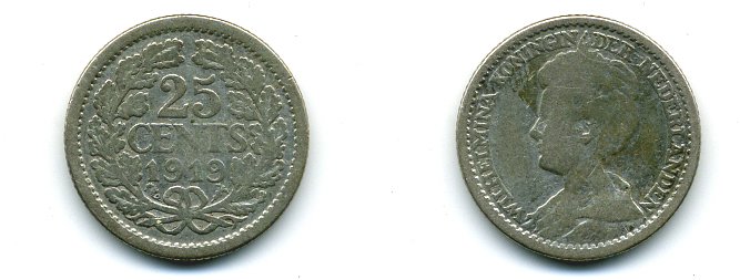 Нидерланды 25 центов 1919 Вильгельмина I (1890-1948) KM 146 серебро 46-225
