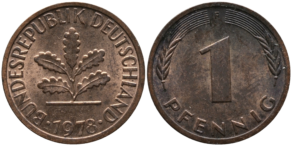 ФРГ 1 пфенниг 1978 F KM 105, J.380 сталь плакированная медью 99-341