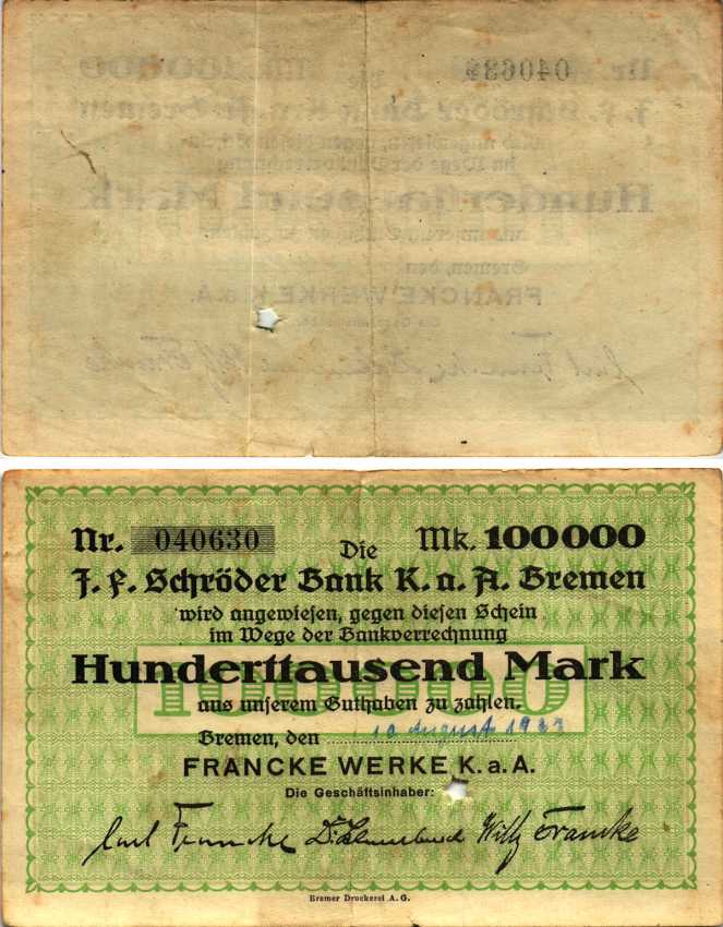 БРЕМЕН 100000 МАРОК 1923 НОТГЕЛЬД, 10 АВГУСТА 1923, FRANKE WERKE K. a. A., ПЕРФОРАЦИЯ ЗВЕЗДА, СВОБОДНЫЙ ГОРОД Keller 585b бумага 6318-34-2-1