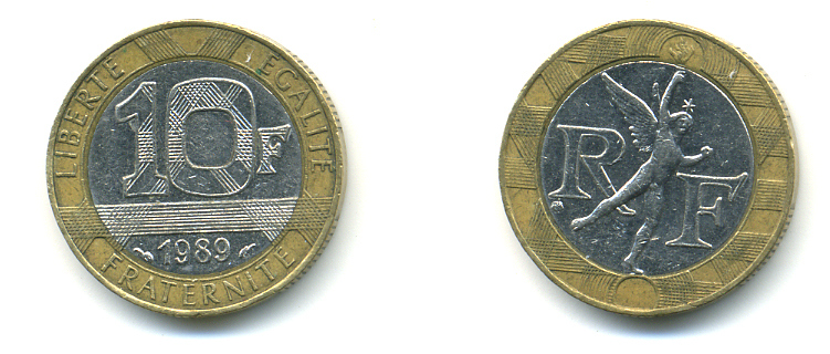 Франция 10 франков 1989 тип гений Бастилии KM 964.1, Le Franc 375.3 биметалл 176-1215