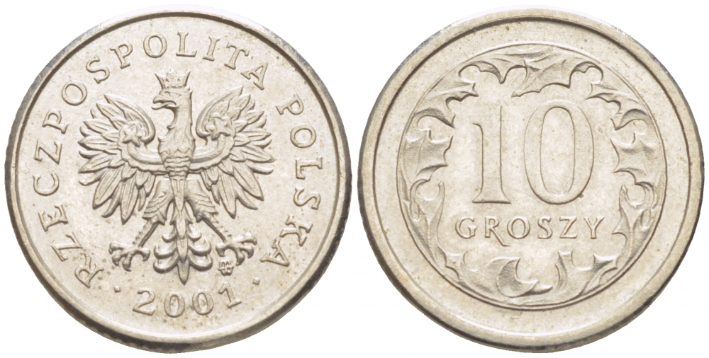 Польша 10 грошей 2001 MW KM 279, Parchimowicz 704h медно-никель 112-1238